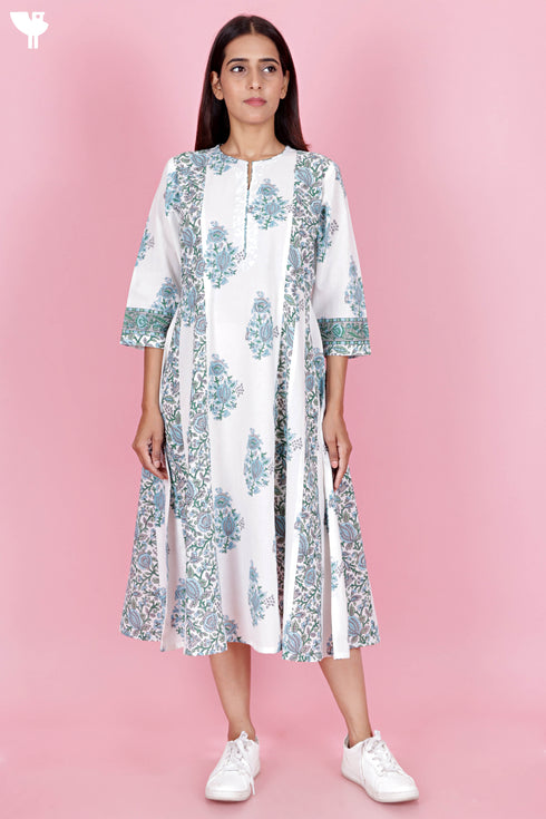 Cambric Cotton Dress  In Floral Block Print